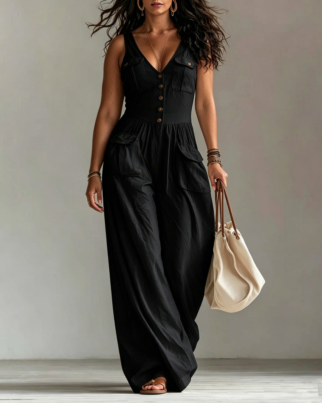 V-neck Sleeveless Wide-leg Jumpsuit with Pockets