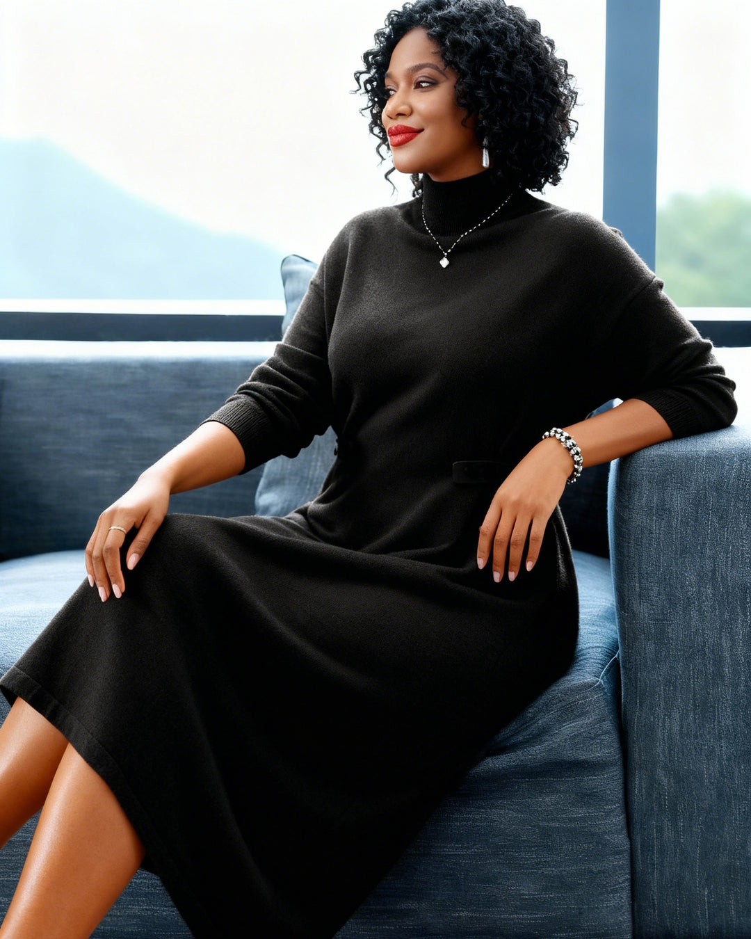 Loose Waist Dress Over-the-knee Knitted Solid Color Sweater Dress All-match Sweater Dress