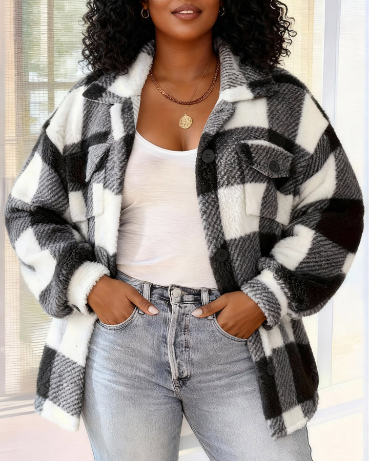 Pocket Plaid Lambskin Jacket Button Plush Coat