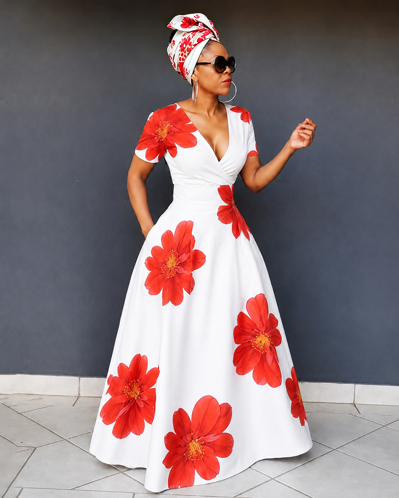 V-Neck Elegant Red Flowers Short-Sleeved Maxi Dress