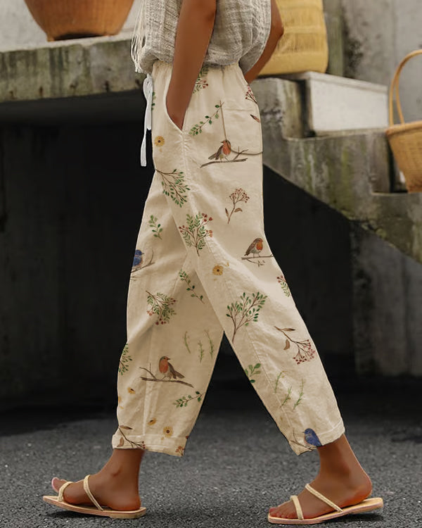 Floral and Bird Print Design Cotton and Linen Casual Pants