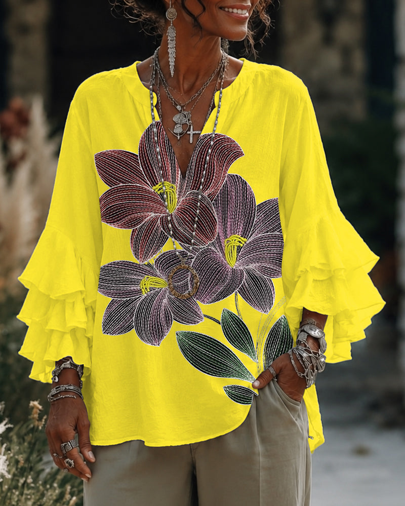 Floral Stripe Art V-Neck Ruffle Lace Sleeves Blouse