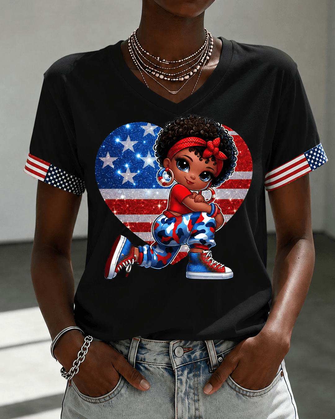 Fourth of July Black Girl Patriotic Print with National Flag Print V-neck Short Sleeve Tshirt