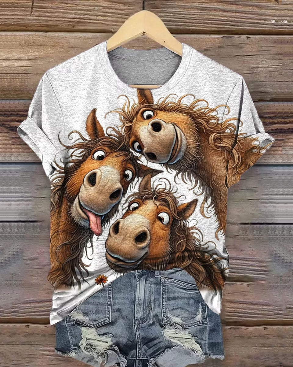 Fun Horse Cartoon Prints Crew Neck Short Sleeve Tshirt