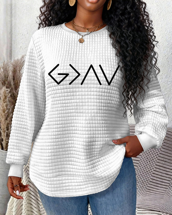God is Greater than The Highs and Lows Print Waffle Crewneck Long Sleeve Sweatshirt
