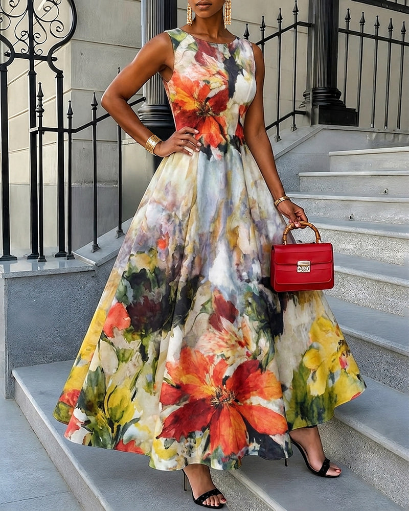 Graffiti Oil Painting Flowers Print Sleeveless Maxi Dress