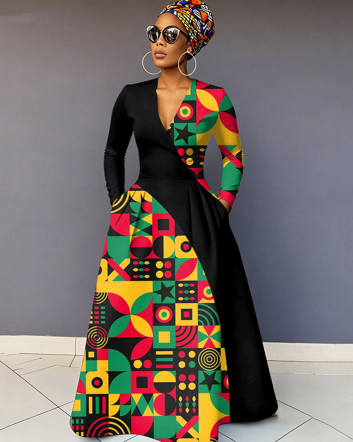 V-Neck Irregular Reggae Geometric Patchwork Long-Sleeved Maxi Dress