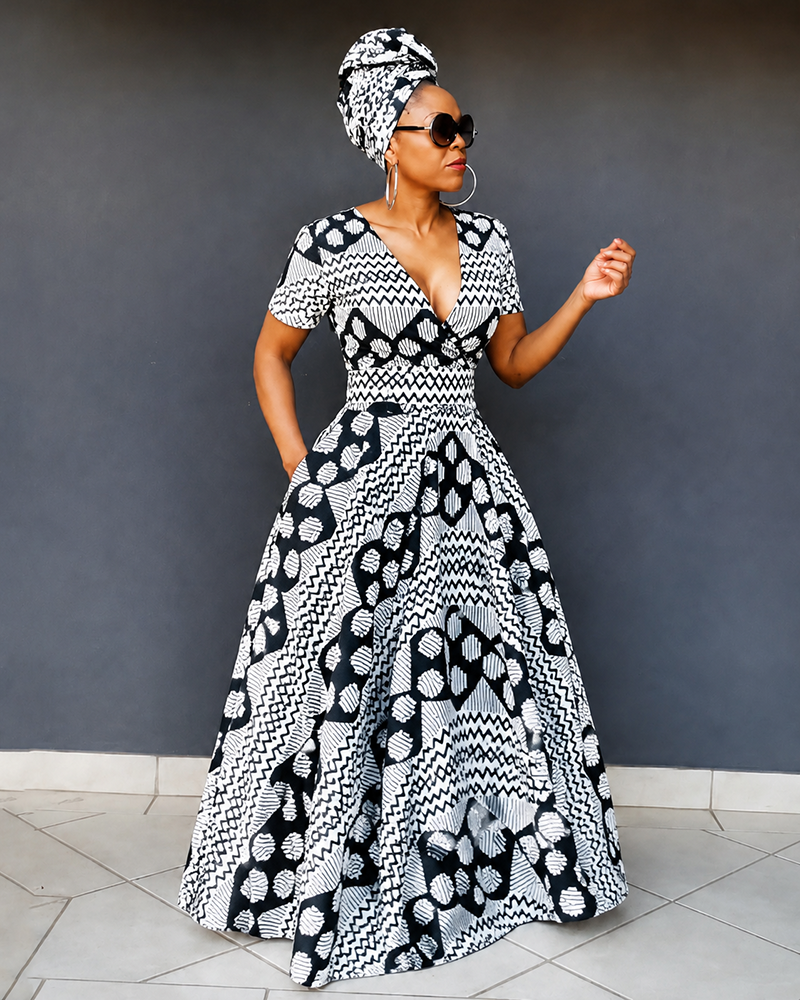 V-Neck Irregular Geometric Totem Prints Short-Sleeved Maxi Dress