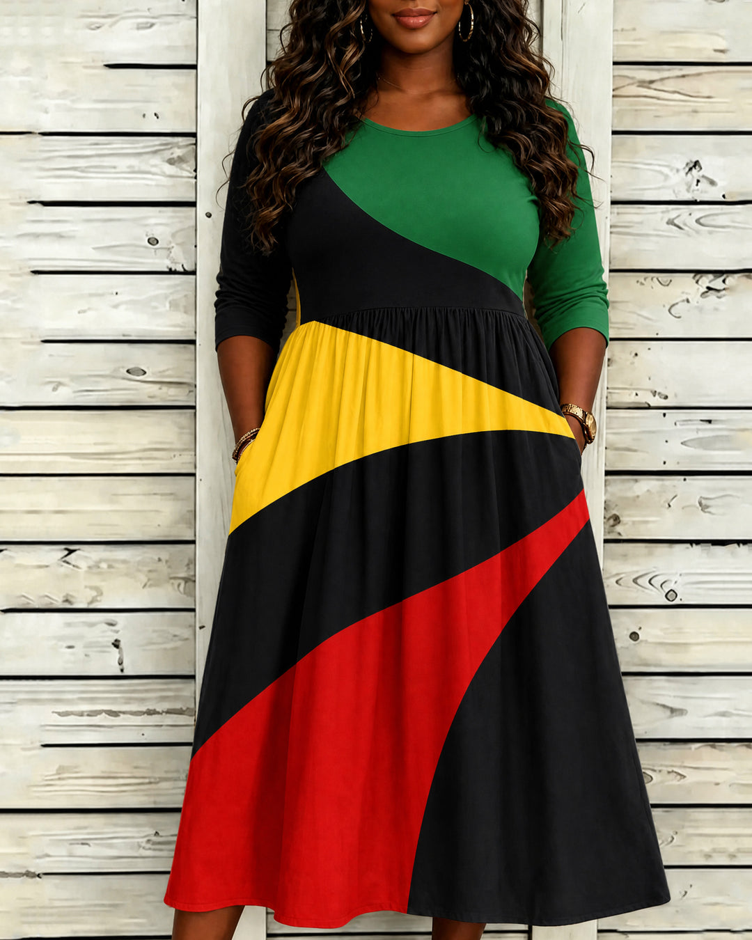 Irregular Reggae Stripe Patchwork Print Pocket Casual Dress