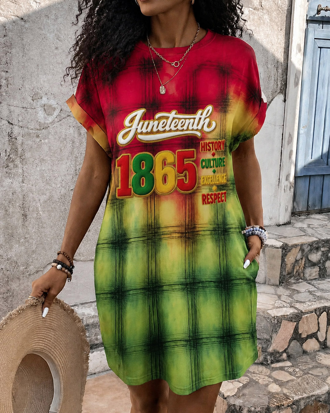 Juneteenth 1865 Color Block Plaid Crew Neck Pockets Mini Dress