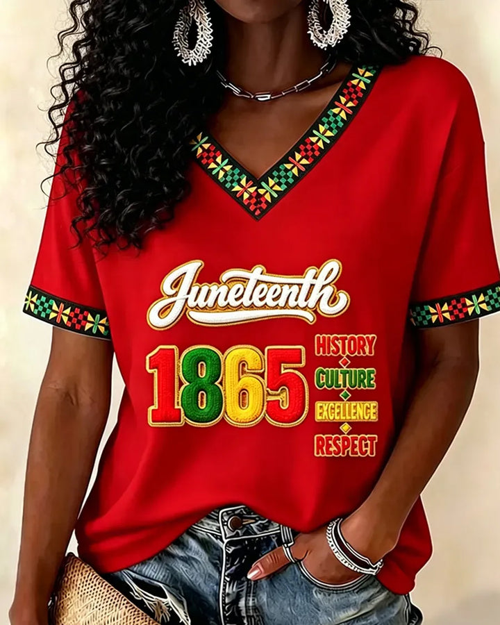 Juneteenth Remember The Past Print V-neck Short Sleeve Tshirt