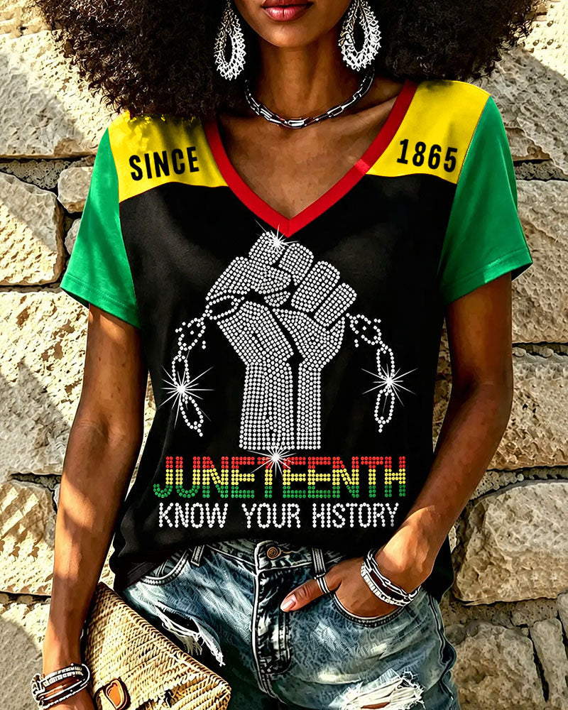 Juneteenth Know Your History Print V-neck Short Sleeve Tshirt