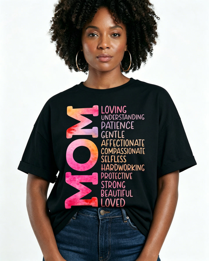 100% Cotton Mom Vertical Word Art Crew Neck Short Sleeve Tshirt