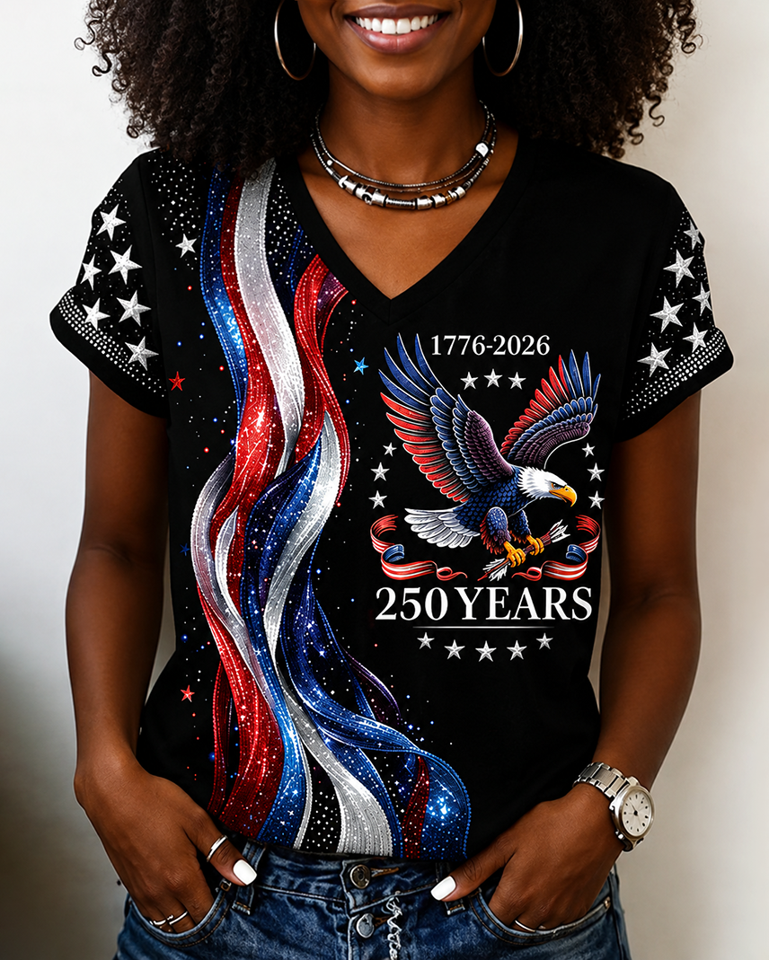 National Color Block Striped Flying Eagle Print V-neck Short Sleeve Tshirt