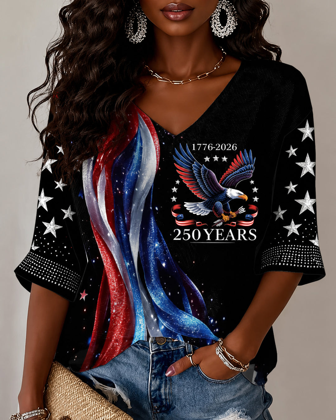 National Color Block Striped Flying Eagle V-neck Half Sleeved Loose Top
