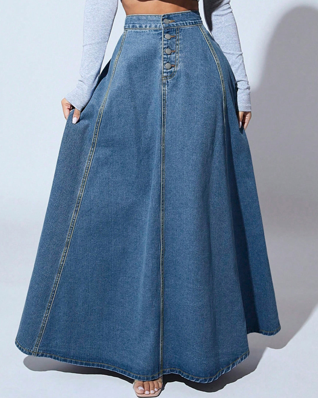 Retro High-waisted Single-breasted Washed Denim Skirt
