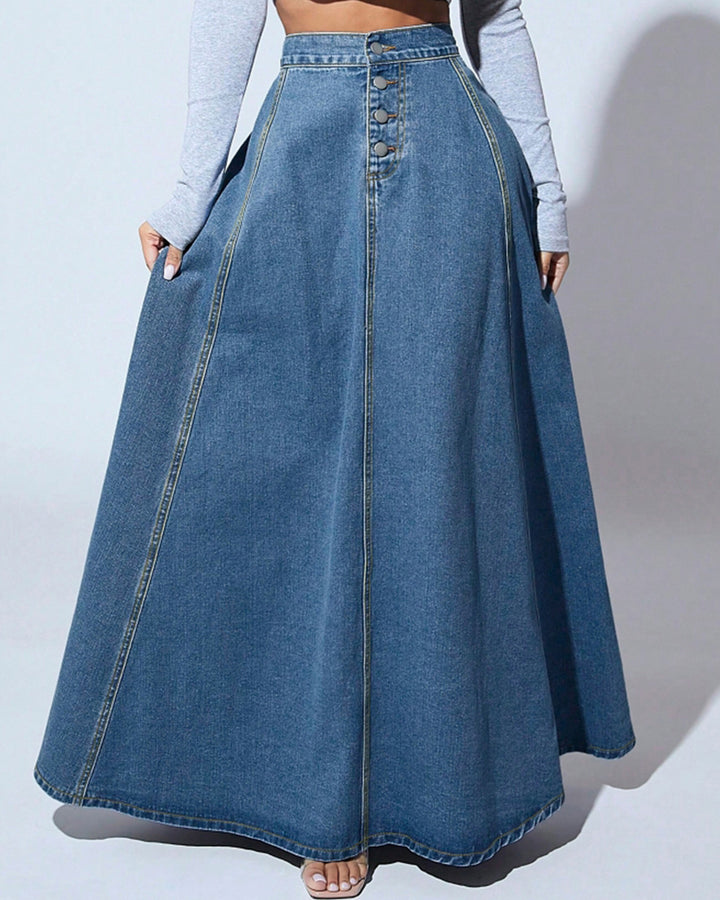 Retro High-waisted Single-breasted Washed Denim Skirt