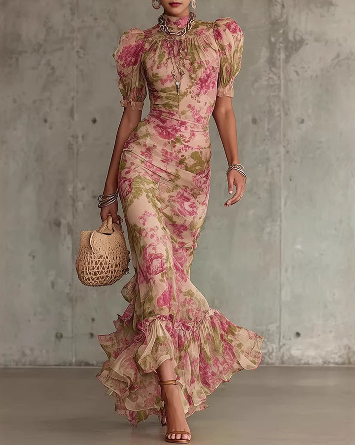 Puff Sleeve Floral Print Slim Fit Fashion Pleated Dress