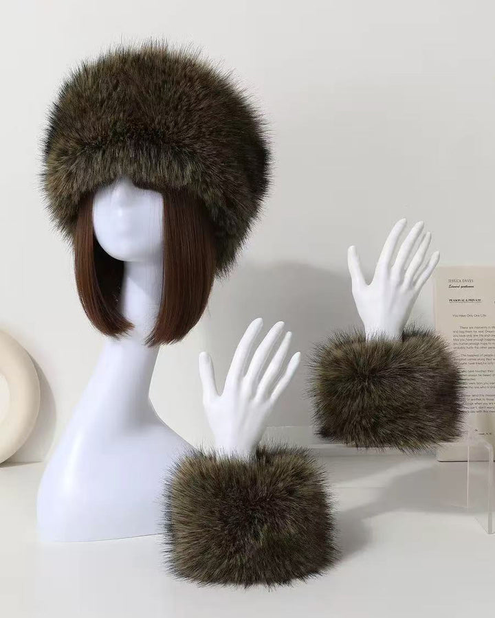 2pcs Set Solid Color Acrylic Fuzzy Beanie Hat And Cuffs