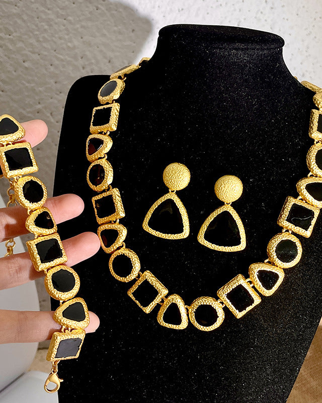 Geometric Color-Block Minimalist Black & Gold Jewelry Set (Necklace + Earrings + Bracelet)
