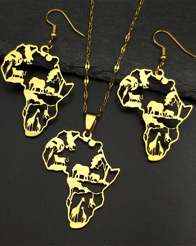 African Map & Animal Stainless Steel Earrings and Necklace