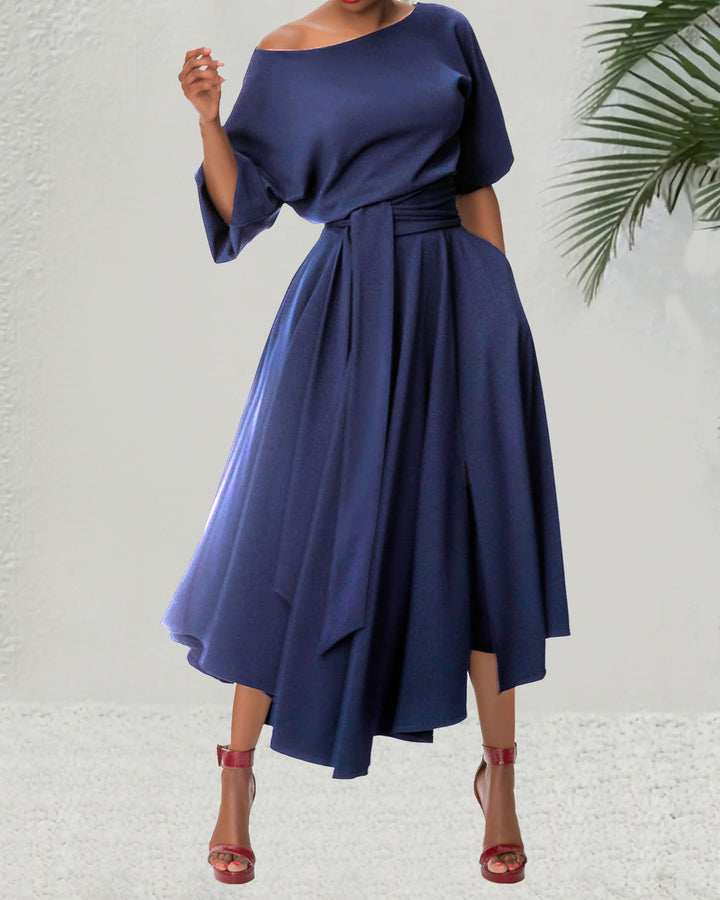 Asymmetrical Shoulder Tie-up Puff Sleeve Solid Color Maxi Dress