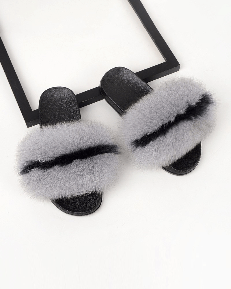 Color-blocked Fox Fur Slippers