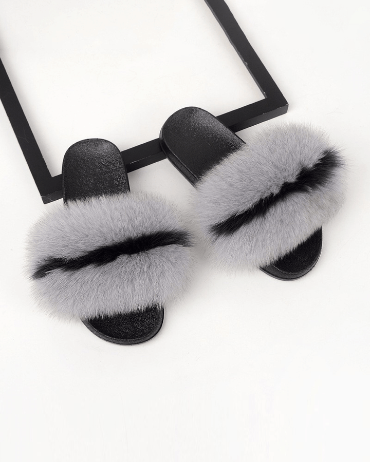 Color-blocked Fox Fur Slippers