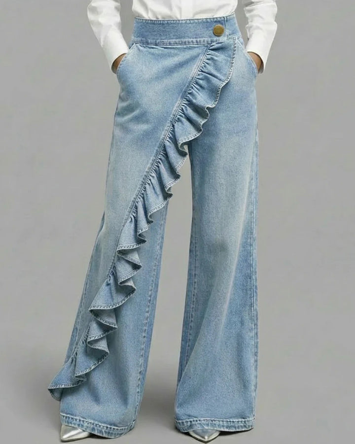 Lace Trim Vintage Denim Wide-Leg Jeans