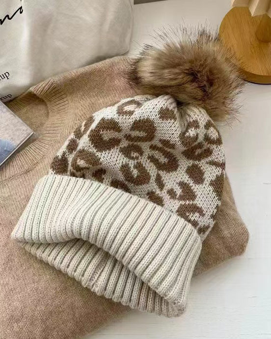 Casual Leopard Patchwork Fuzzy Thick Knitted Beanie Hat