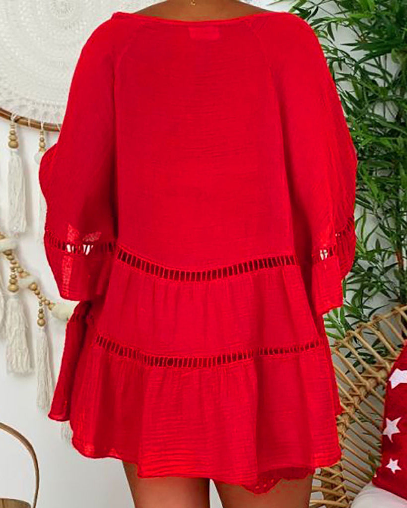 Three-quarter Sleeve Cotton Linen V-neck Loose Button-down Cutout Top