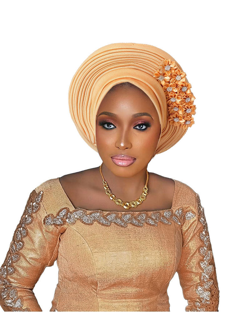 Adhesive Floral Appliqué Heavy-duty Craftsmanship Lurex Thread Layered Tie-strap Turban Hat