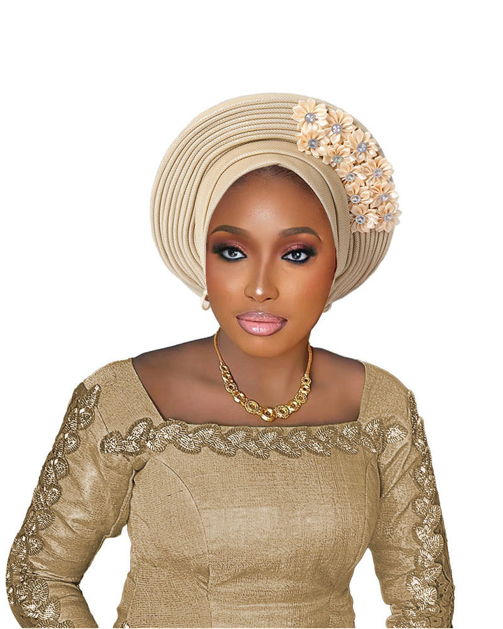 Adhesive Floral Appliqué Heavy-duty Craftsmanship Lurex Thread Layered Tie-strap Turban Hat