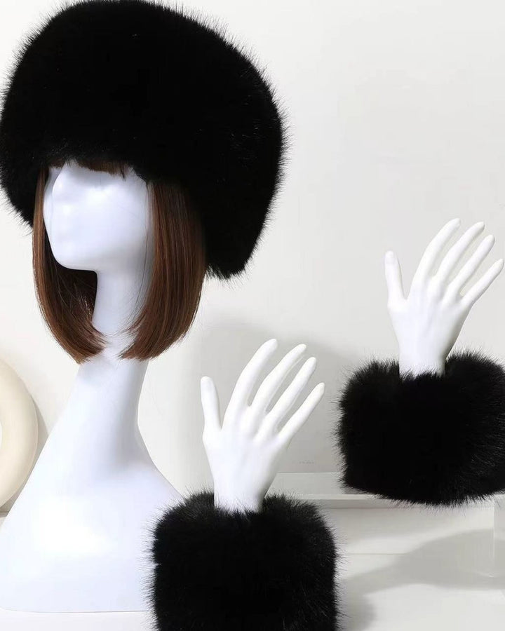 2pcs Set Solid Color Acrylic Fuzzy Beanie Hat And Cuffs