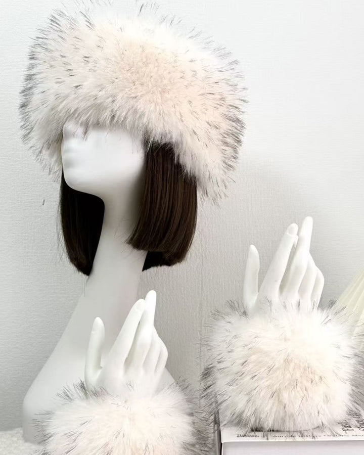 2pcs Set Solid Color Acrylic Fuzzy Beanie Hat And Cuffs