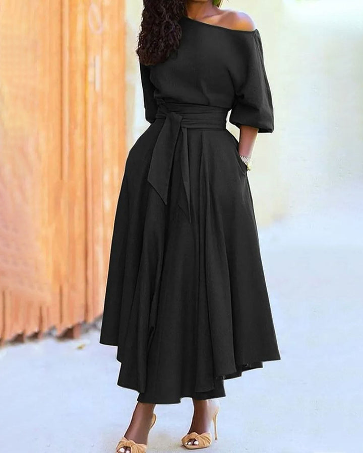 Asymmetrical Shoulder Tie-up Puff Sleeve Solid Color Maxi Dress