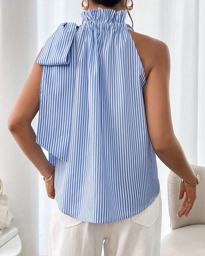 Casual Sleeveless Striped Lace High Neck Tee Top
