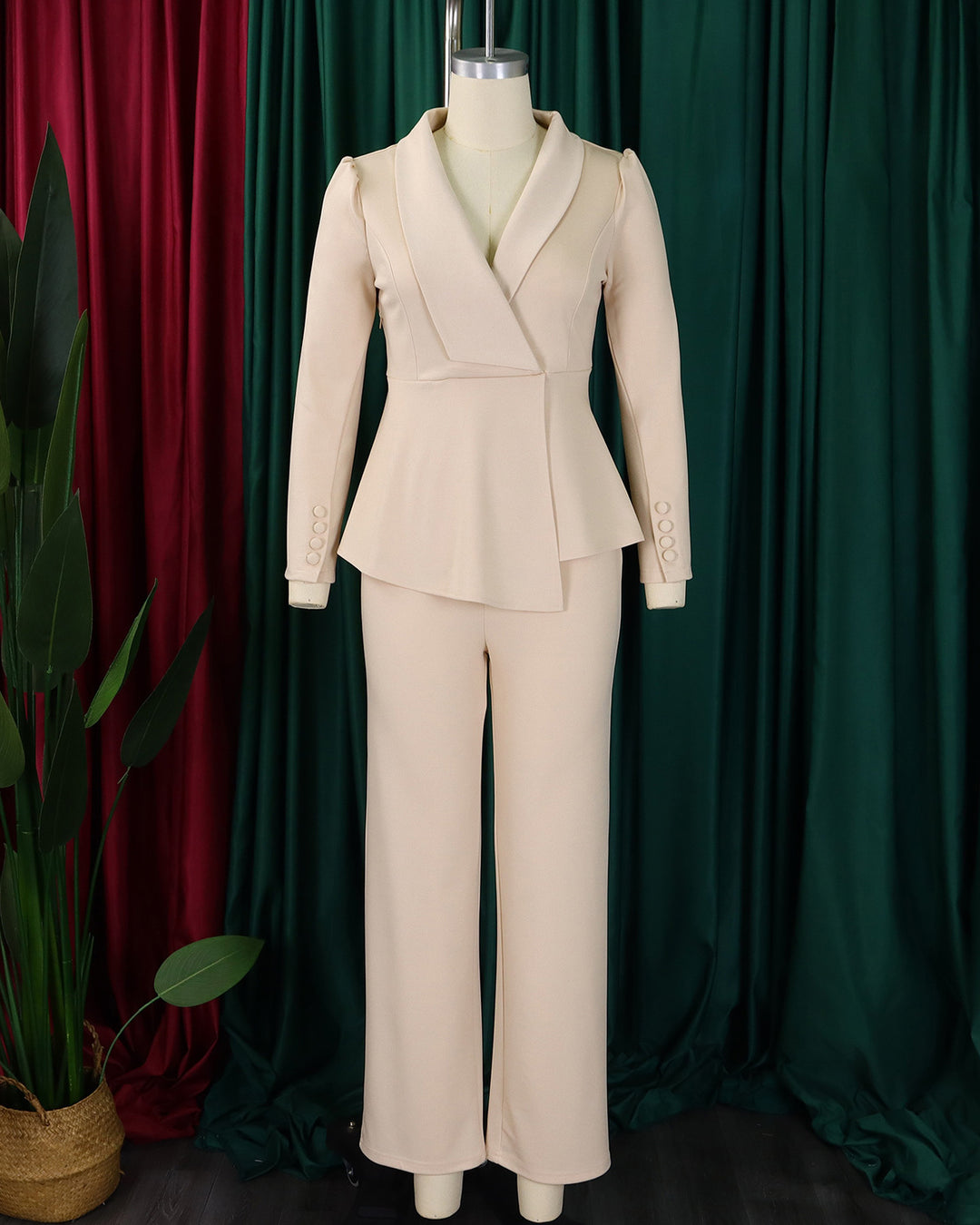 Elegant Office Lady Style Ruffled Top and Wide-leg Pants Set