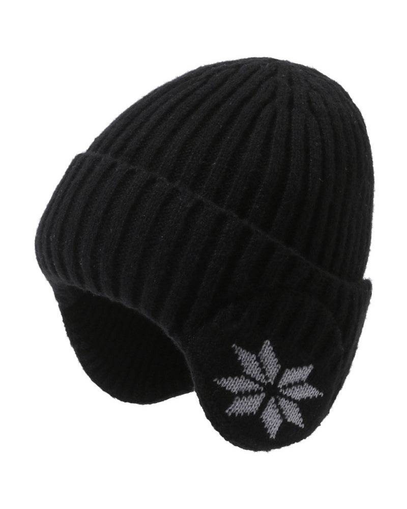 Fleece-lined Thermal Knit Earflap Hat with Snowflake Pattern