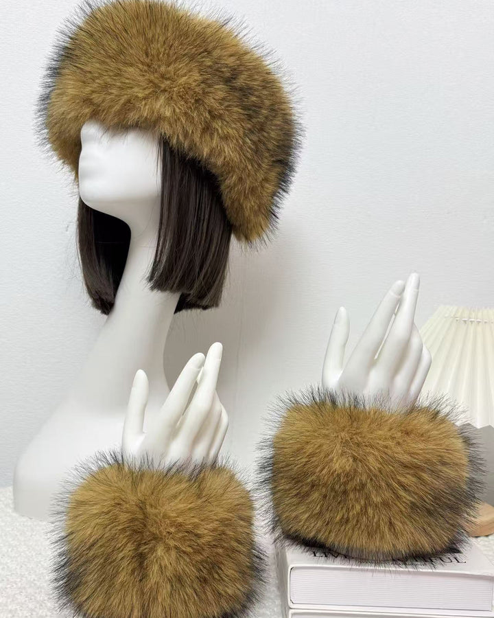 2pcs Set Solid Color Acrylic Fuzzy Beanie Hat And Cuffs