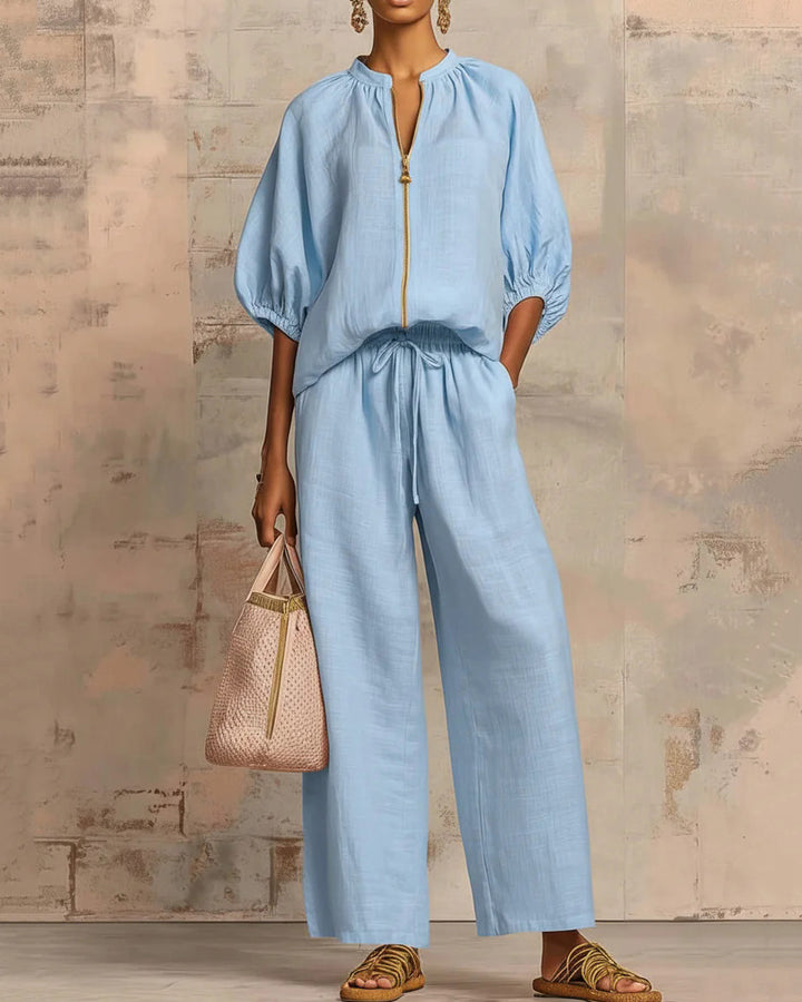 Solid Color Cotton Linen Puff Sleeve Zip-up Top and Wide-leg Pants Two-piece Set