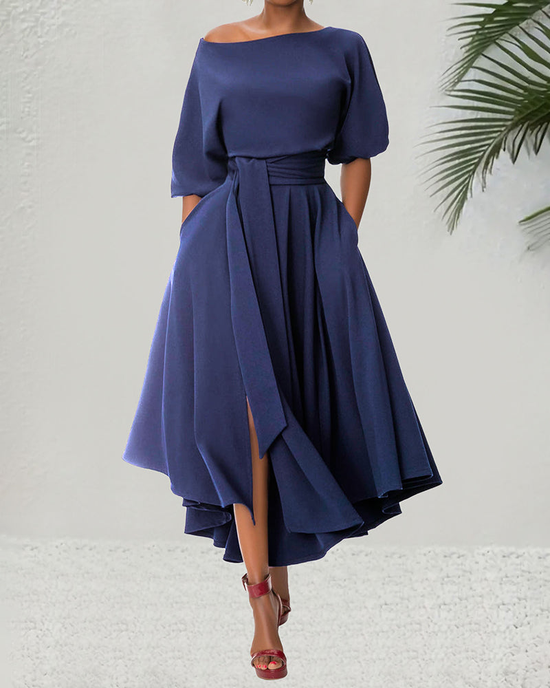 Asymmetrical Shoulder Tie-up Puff Sleeve Solid Color Maxi Dress