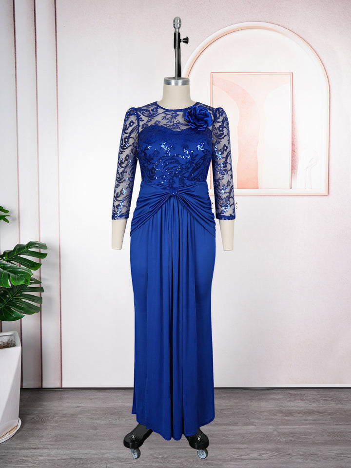 Plus Size Royal Rhinestone Lace Sheer 3/4 Sleeve Twisted Waist Mermaid Maxi Evening Gown