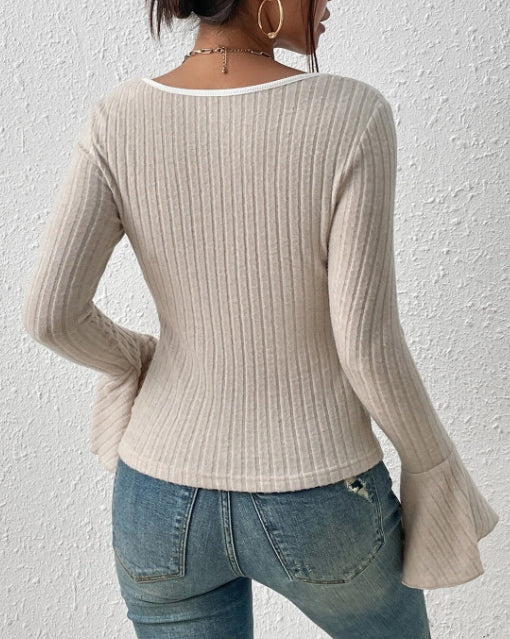 Square Collar Slim-fit Top Women's Pit Striped Contrast Horn Long-sleeved T-shirt