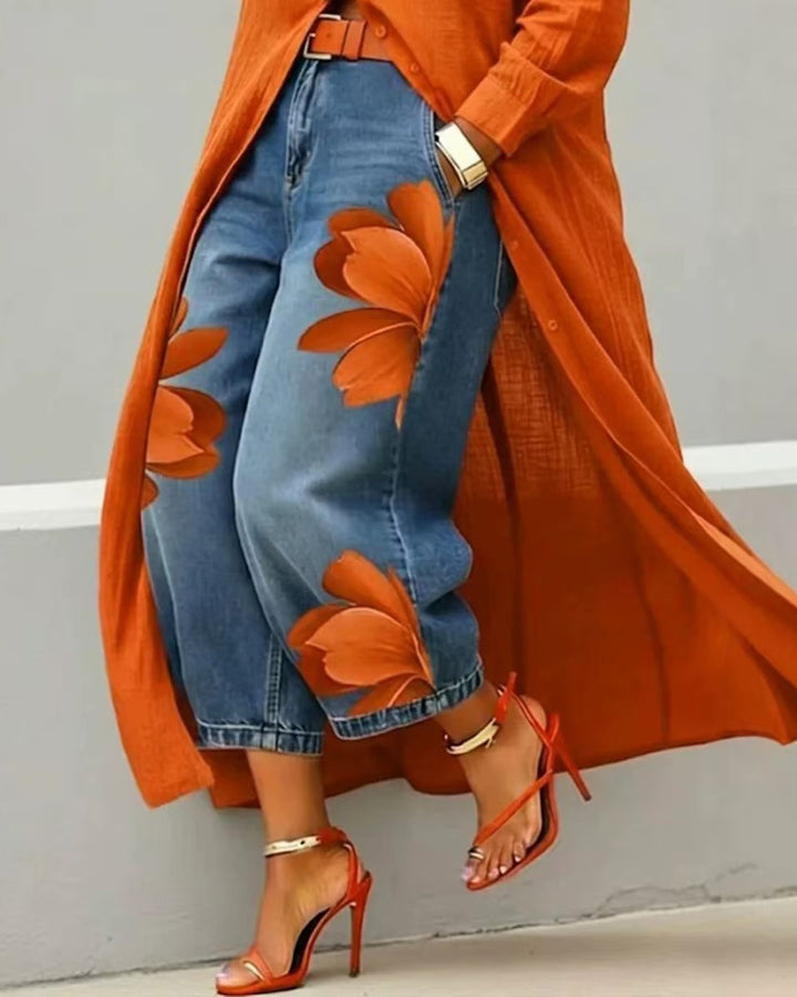 Floral Vacation Style Loose Straight Leg Jeans