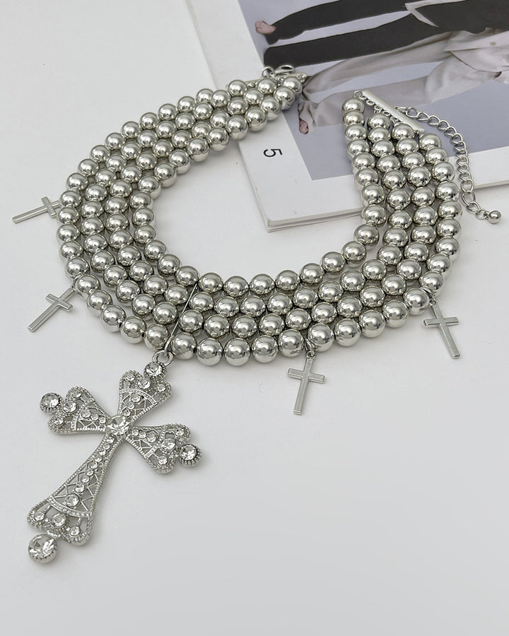 Light Luxury Style Diamond-Accented Cross Multi-Layered Beaded Necklace