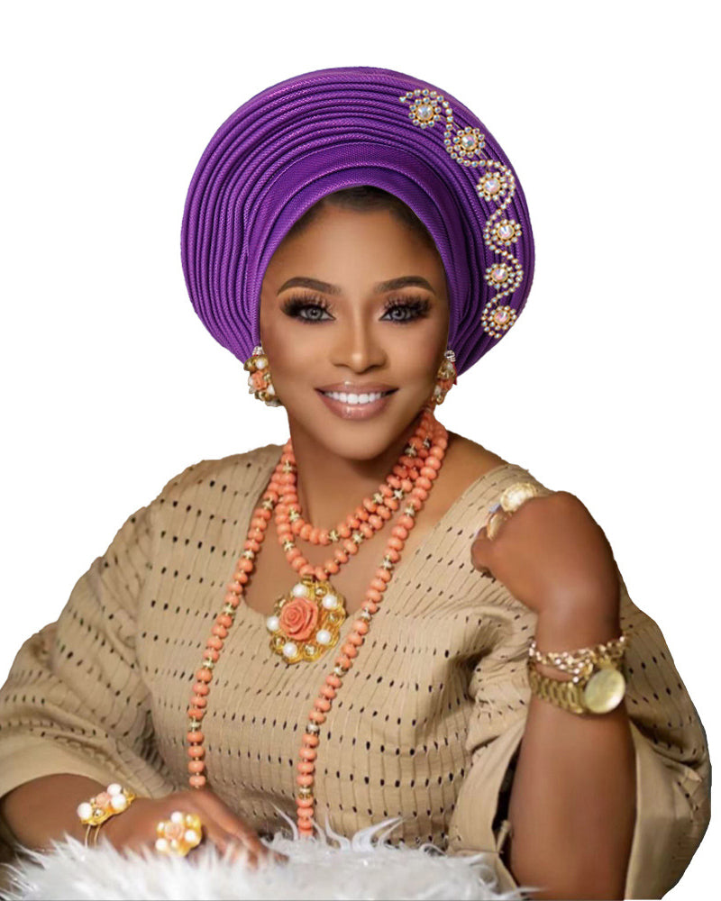 African Auto Gele Headtie Pre‑Tied Headwrap, Rhinestone Embellished Traditional Nigerian Turban Cap
