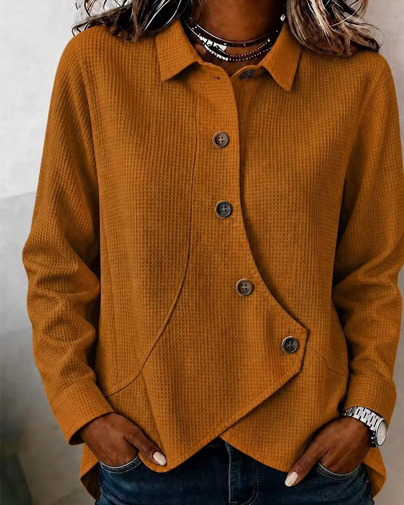 Casual Solid Color Waffle Pattern Irregular Long-sleeved Top