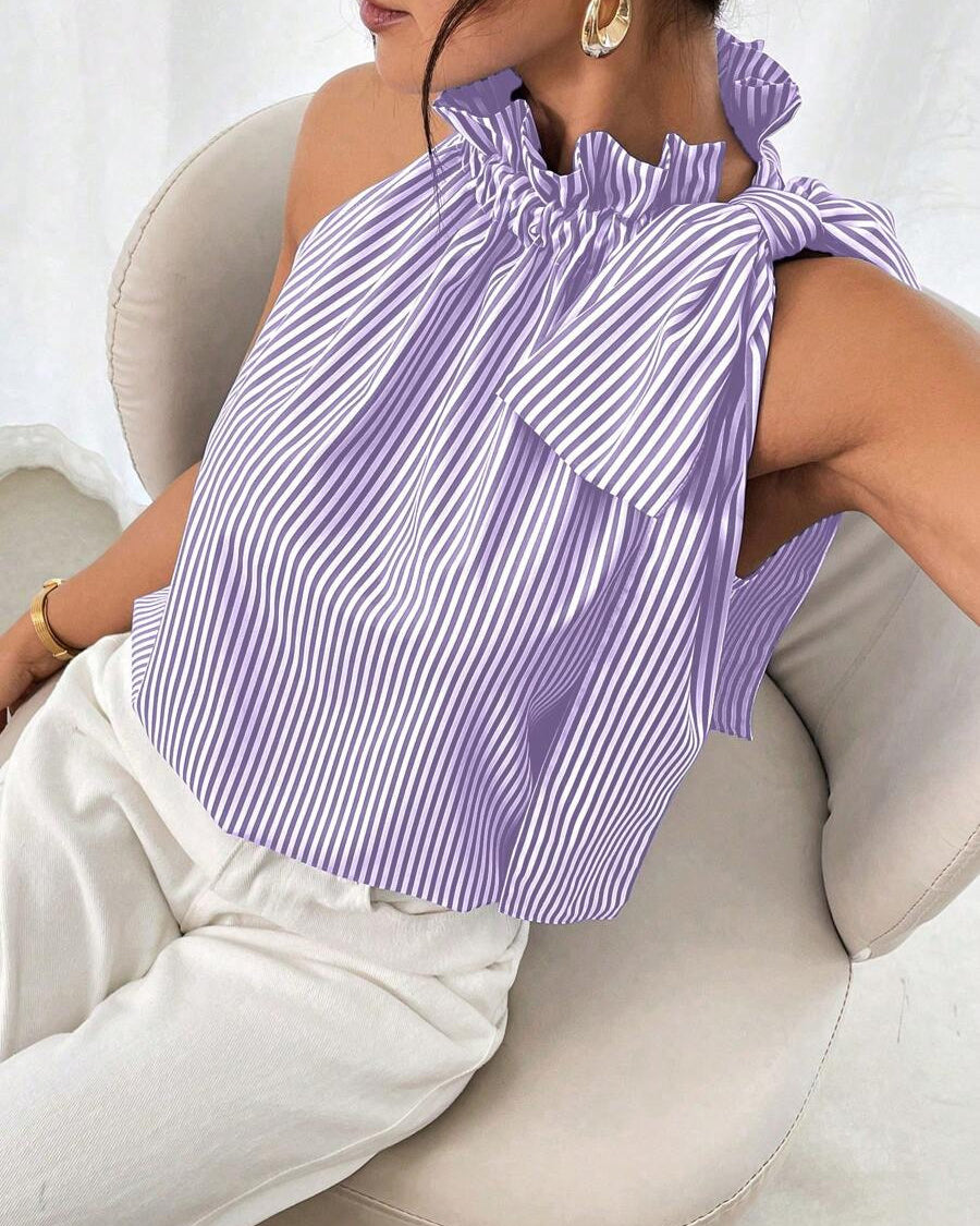 Casual Sleeveless Striped Lace High Neck Tee Top