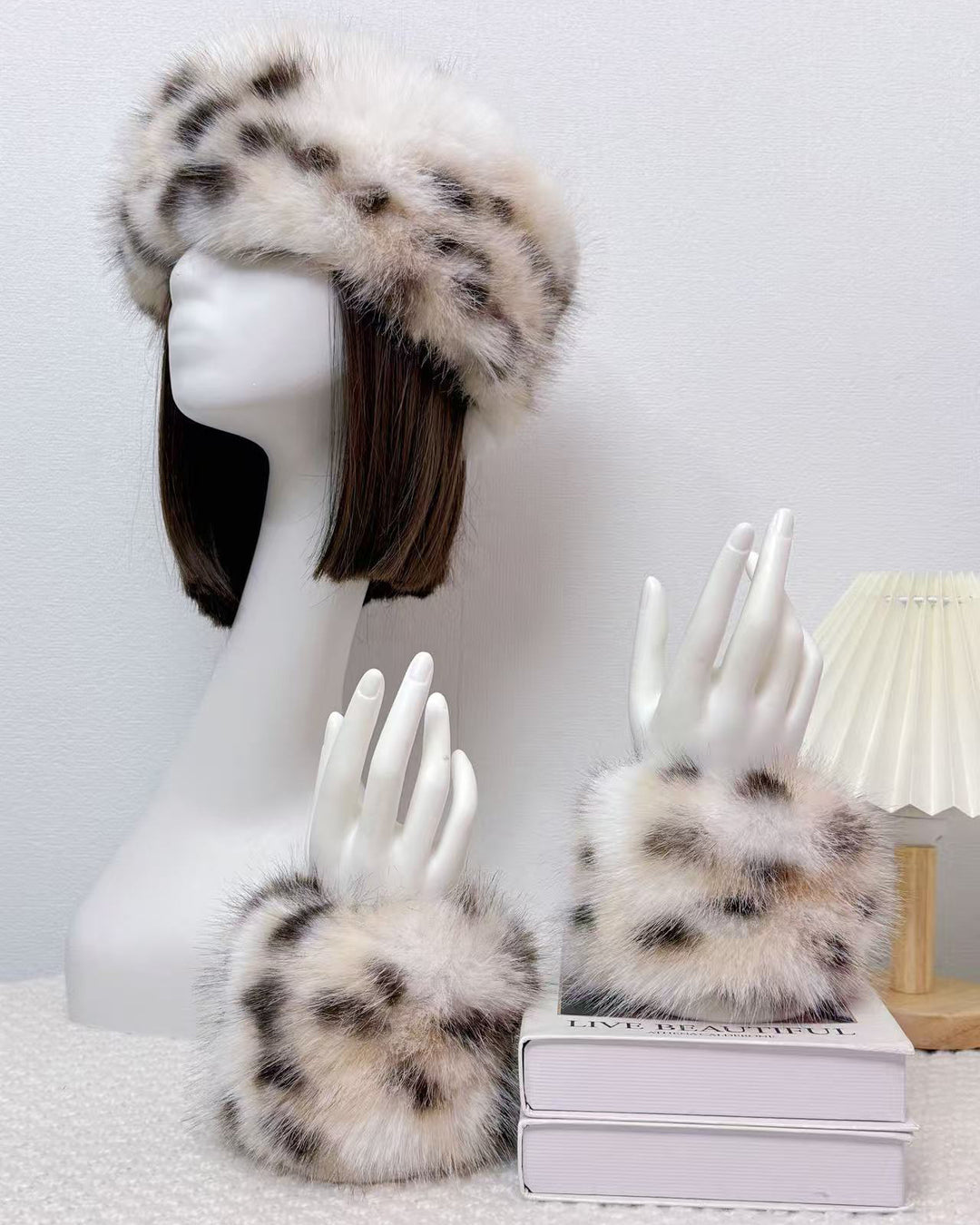 2pcs Set Solid Color Acrylic Fuzzy Beanie Hat And Cuffs